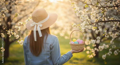Woman holding Easter basket outdoors.