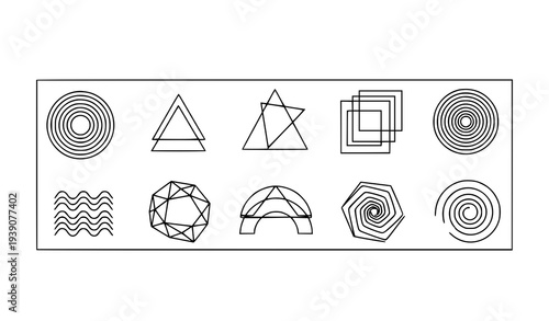 Abstract geometric shapes icons collection with circles triangles squares polygons and spiral forms isolated on transparent background