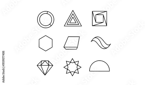 Minimalist abstract geometric shapes vector set with circle triangle square hexagon and polygon symbols isolated on transparent background