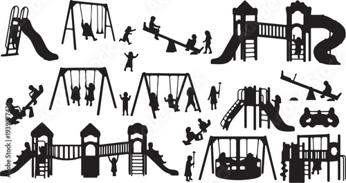 Children playground activity collection features kids on swings, slides, and see-saws in a black vector illustration.