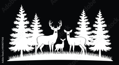 Deer Family Silhouette in Pine Forest Vector Illustration with Buck Doe and Fawn in Nature Wilderness Landscape Scene for Woodworking