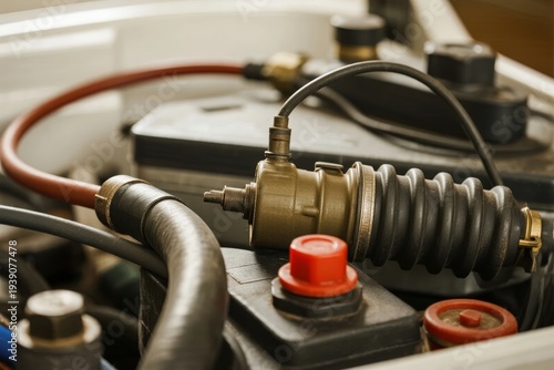 Close-up view of a vehicle's battery and connected hoses, showing electrical components and wiring in an engine compartment