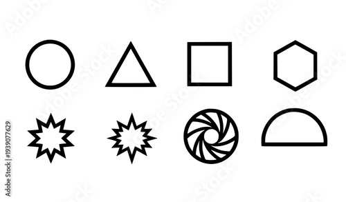 Nine abstract geometric shapes vector set with circle triangle hexagon diamond and starburst symbols isolated on transparent background