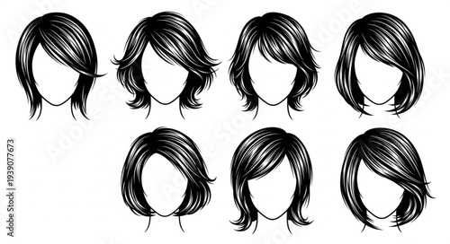Collection of various short hairstyles for women, black and white illustration.