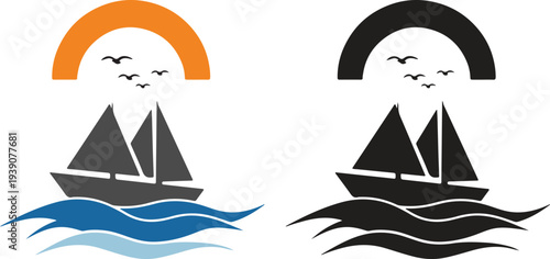 Sailboat on ocean waves with birds and setting sun vector illustration for nautical logo design and sea travel advertising and branding