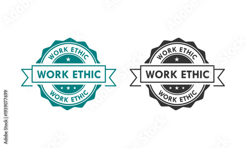 Professional work ethic seal set featuring scales of justice held by a hand on blue and gold badges, representing integrity, balance, and corporate responsibility.