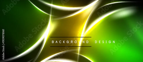 Abstract neon lines create dynamic green, yellow glow. Modern background design with smooth curves, light effects.