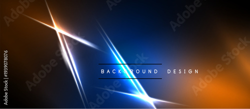 Abstract background features bright lines, gradients. Blue, orange hues dominate dark space. Modern design element.