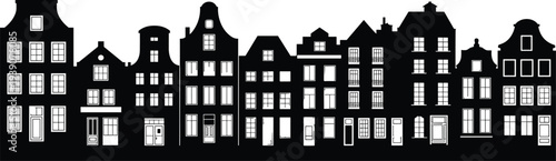 European Old Town House Silhouette Vector Set with Amsterdam Style Buildings Dutch Architecture Street Facades City Skyline and Historic Landmarks