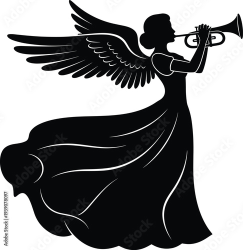 Elegant Black Silhouette of a Winged Angel Playing a Trumpet with Flowing Gown Isolated on White Background for Christmas Design