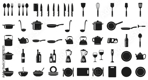 Collection of kitchen utensils and cookware silhouettes for cooking and dining.