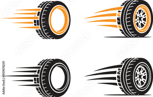 Set of racing tire icons with speed lines showing fast motion and automotive performance for drift car racing and transportation industry
