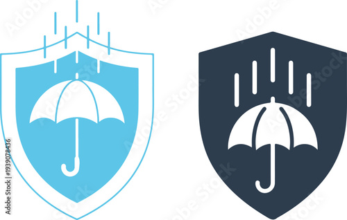 Shield with umbrella protecting from rain in blue and dark blue vector graphics symbolizing insurance or protection
