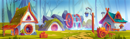 Gnome village with houses, water mill in forest