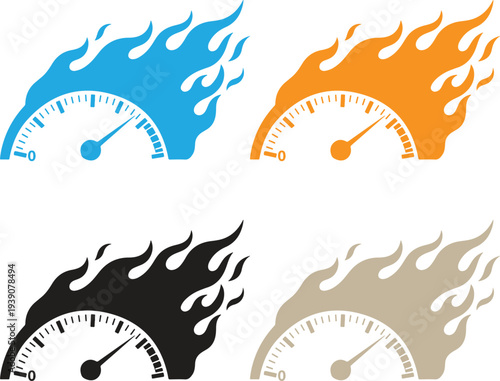 Speedometer gauge with burning fire flames in different colors representing high speed fast performance rapid acceleration and power icons
