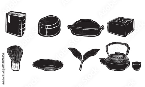 Matcha Set of illustrations of green tea. Ceremony of Japanese Tradition.