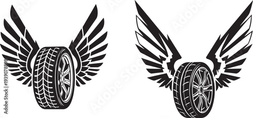Two stylized black car tires with wings outstretched symbolizing speed freedom and racing abstract vector art