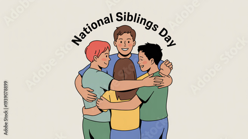 Four siblings hugging celebrating national siblings day with a group hug smiling and happy