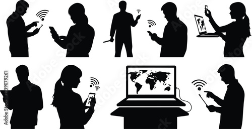 Technology Digital Devices People Silhouette Vector Set