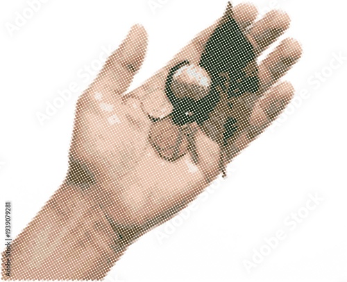 Human Hand Gently Holding Small Green Leaf Dotted Halftone Style