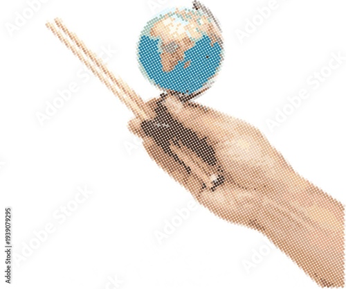 Global Reach Hand Holding World with Chopsticks Pixel Art