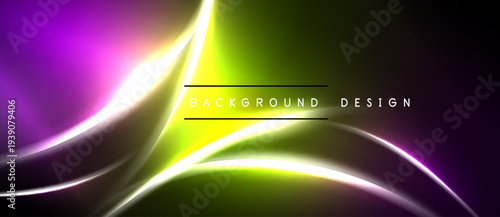 Abstract vibrant design. Smooth curves blend purple, green, yellow hues. Dark background enhances luminosity, creating dynamic visual effect.