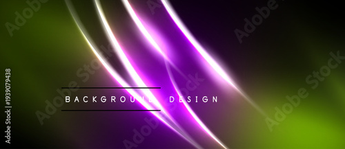 Abstract neon lines over dark background. Vivid purple, green hues create dynamic visual effect. Modern design element.
