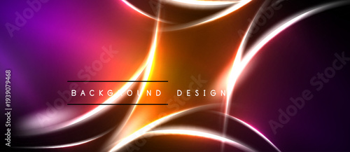 Abstract vibrant design features flowing lines, orange glow, purple hues. Modern aesthetic suitable for digital backgrounds.