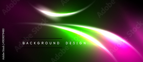 Abstract neon lights blend, creating vibrant gradients. Dark background emphasizes glowing curves, modern design element.