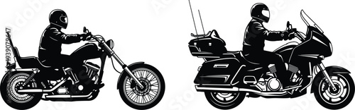 Set of black motorcycle silhouettes featuring biker riders on cruiser and chopper motorbikes isolated on white background vector graphic illustration