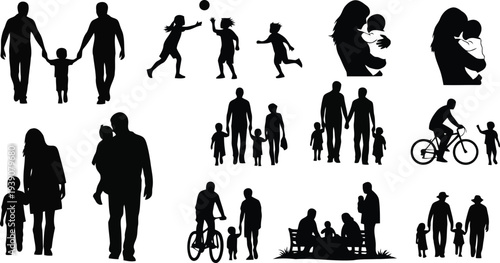 Family Bonding Parents Children Silhouette Vector Set
