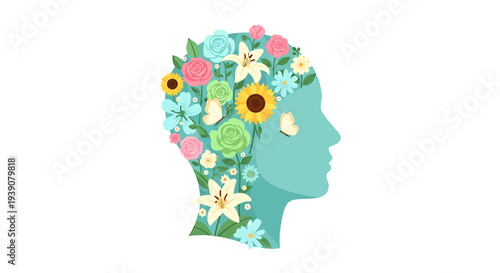 Teal silhouette of a human head filled with colorful flowers and leaves on a white background with a creative and imaginative mood.