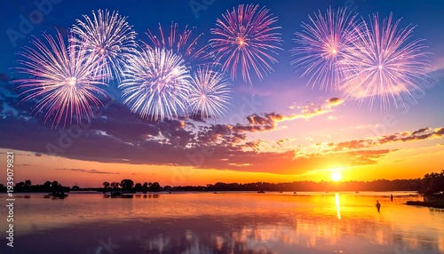 Vibrant fireworks explode over a calm lake reflecting sunset colors, fringed with trees and wispy clouds