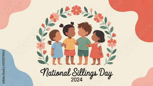 Diverse children holding hands surrounded by flowers celebrating national siblings day 2024