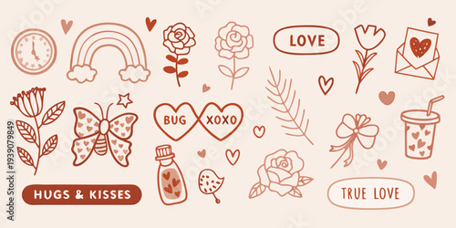 Hand drawn illustrations of love hearts and whimsical doodle elements