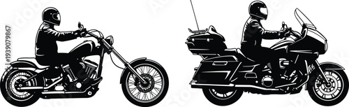 Set of black motorcycle silhouettes featuring biker riders on custom chopper and touring motorbikes isolated on white background vector illustration