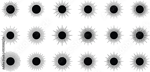 Set of black sun silhouettes and sunburst icons with radiating rays isolated on white background for summer weather solar vector