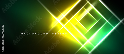 Abstract neon background. Bright yellow, green lines intersect creating dynamic light effects. Dark space surrounds vibrant center.