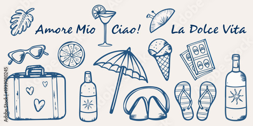 Italian summer themed doodles with citrus travel items and phrases