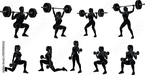 Set of Fitness Workout Silhouettes Featuring Men and Women Performing Squats Lunges and Weightlifting Exercises with Barbells and Dumbbells for Gym