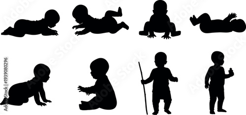 Black silhouette collection of infant development stages featuring newborn crawling sitting and first steps on isolated white background vector illustration