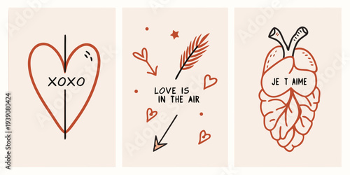 Minimalist botanical illustrations with hearts and loving phrases