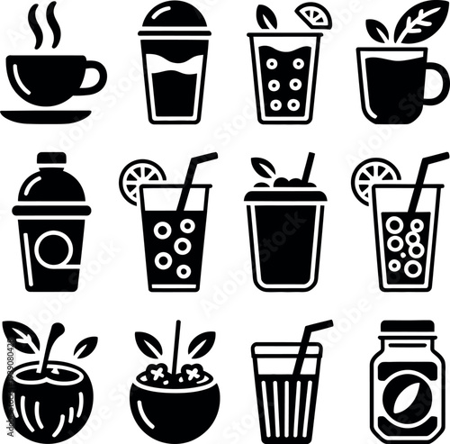 A collection of various beverage icons in black and white