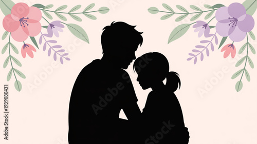 Couple silhouette embracing with floral elements on soft background romantic love illustration gentle embrace scene