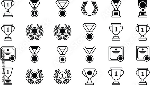 Set of line icons featuring trophies medals laurel wreaths and certificates for achievement success victory first place and professional awards.