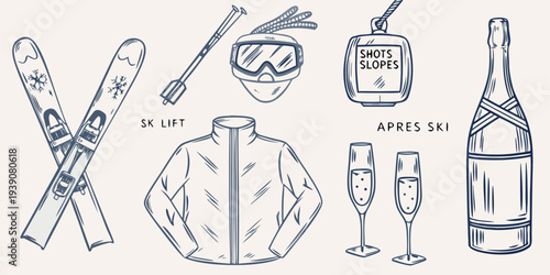 Skiing essentials skis goggles jacket and apr s ski celebration items