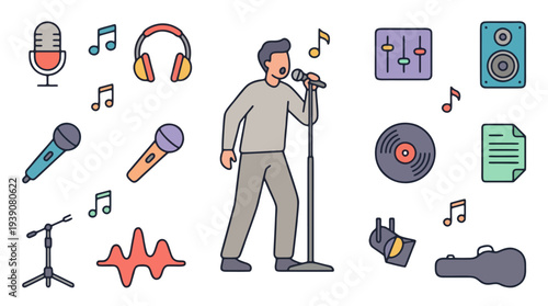 Male Singer Performing on Stage with Music and Studio Equipment Icons Set