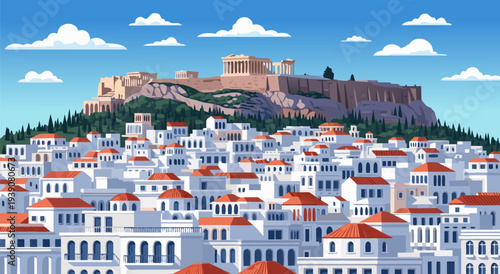 A vector illustration of the Acropolis of Athens, a historic citadel located on a rocky outcrop above the city of Athens, Greece, with white buildings