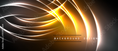Abstract design features glowing orange curves, lines. Dark background enhances luminosity, creating dynamic visual effect. Text reads background design.