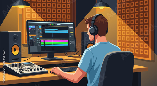 Creative Sound Engineer Working on Music Production in a Modern Studio, Digital Vector Illustration